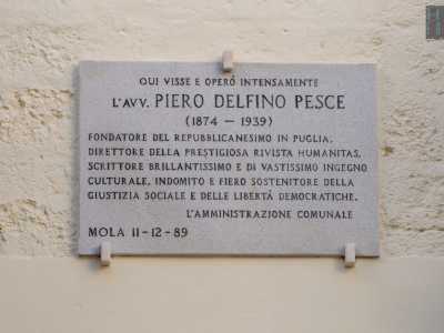 Tra due finestre laterali notiamo una targa. Si tratta di una dedica a Piero Delfino Pesce: fu lui a dedicarsi personalmente alla cura del palazzo e soprattutto del suo rigoglioso giardino
